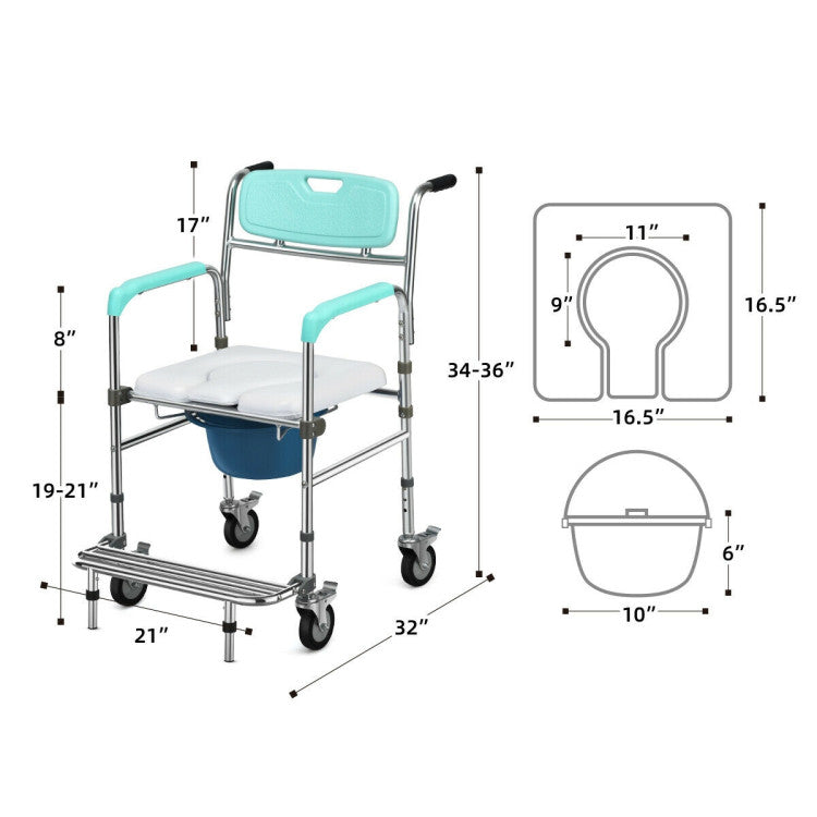 Multifunctional Adjustable Height Rolling Commode Chair with Removable Toilet