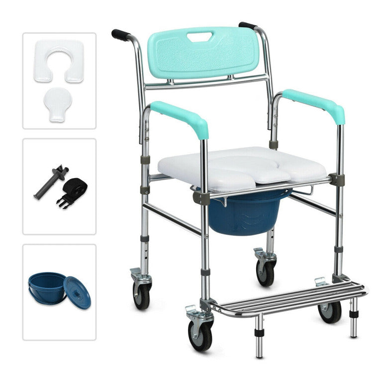 Multifunctional Adjustable Height Rolling Commode Chair with Removable Toilet