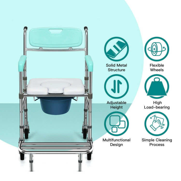 Multifunctional Adjustable Height Rolling Commode Chair with Removable Toilet