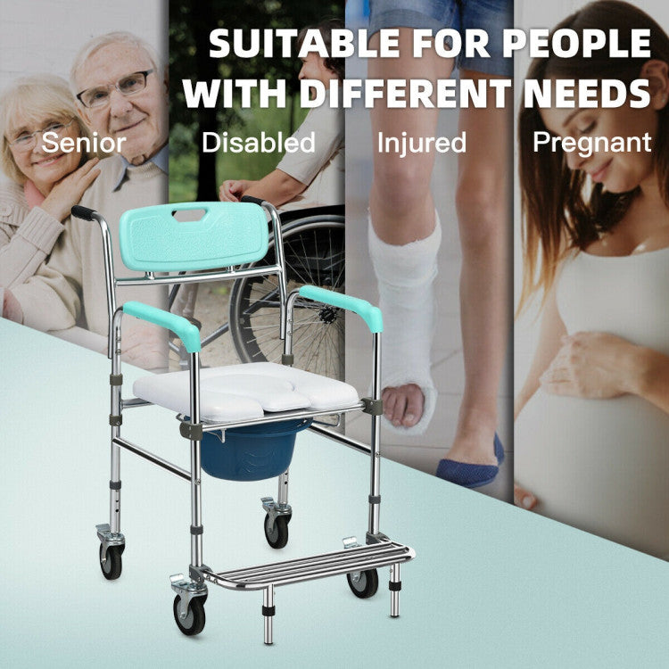 Multifunctional Adjustable Height Rolling Commode Chair with Removable Toilet