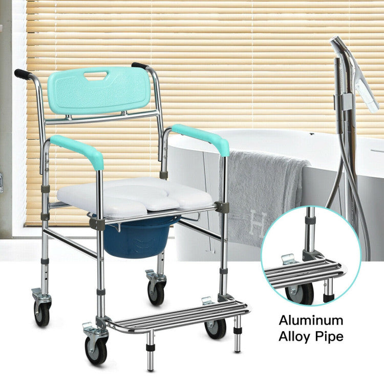 Multifunctional Adjustable Height Rolling Commode Chair with Removable Toilet