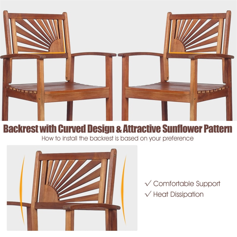 Outdoor Acacia Wood Bar Stools Set of 2 Bar Height Patio Chairs with Sunflower Backrest and Armrests