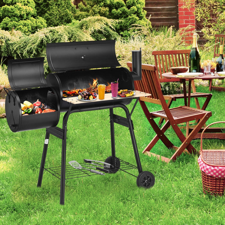 Outdoor BBQ Grill Barbecue Pit Patio Cooker with Thermometer and Wheels