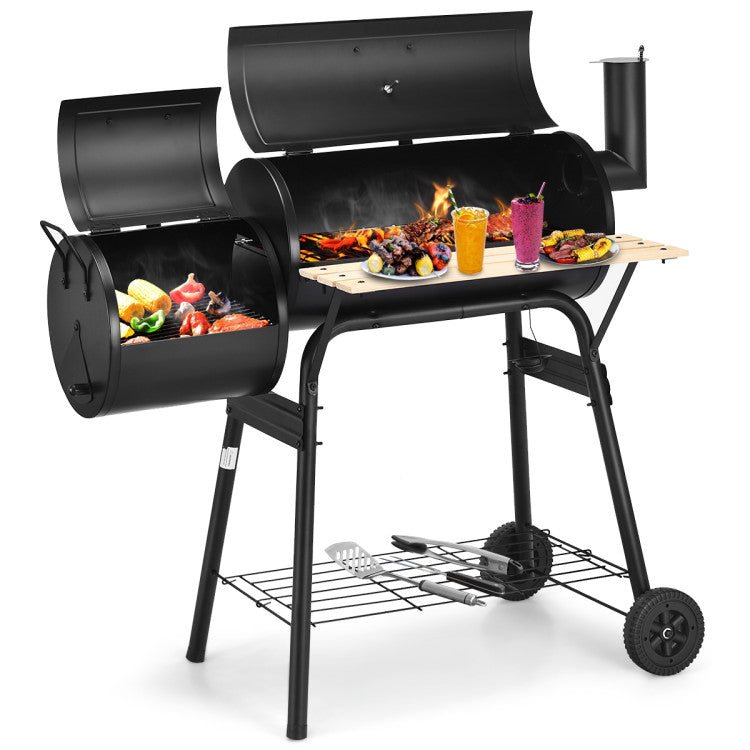 Outdoor BBQ Grill Barbecue Pit Patio Cooker with Thermometer and Wheels