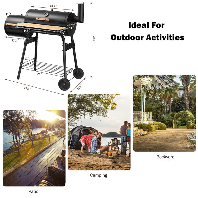 Outdoor BBQ Grill Barbecue Pit Patio Cooker with Thermometer and Wheels