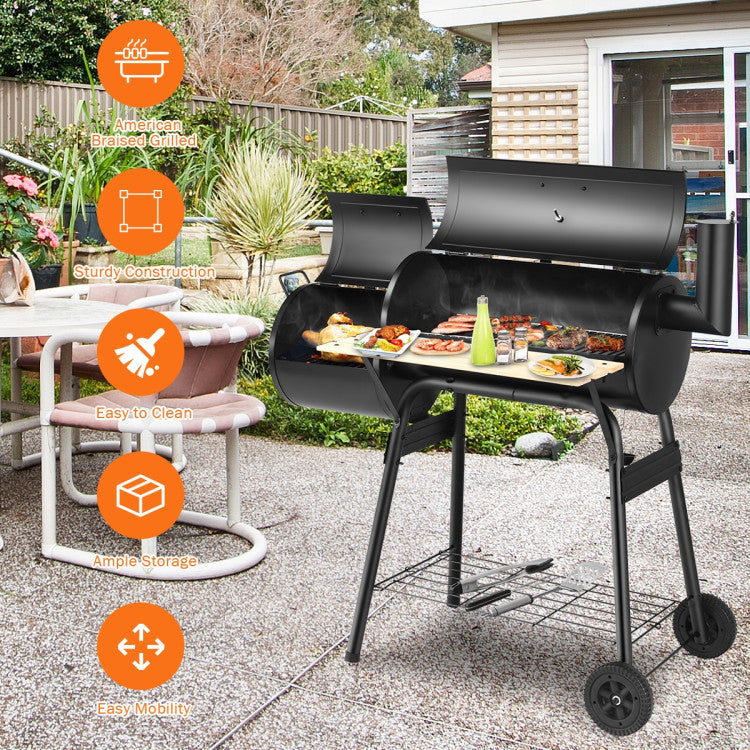 Outdoor BBQ Grill Barbecue Pit Patio Cooker with Thermometer and Wheels