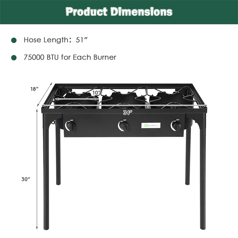 Camping Stove 3 Burner Propane Gas Cooker 225,000 BTU High Pressure Propane Burner with Detachable Legs & 20 PSI Regulator