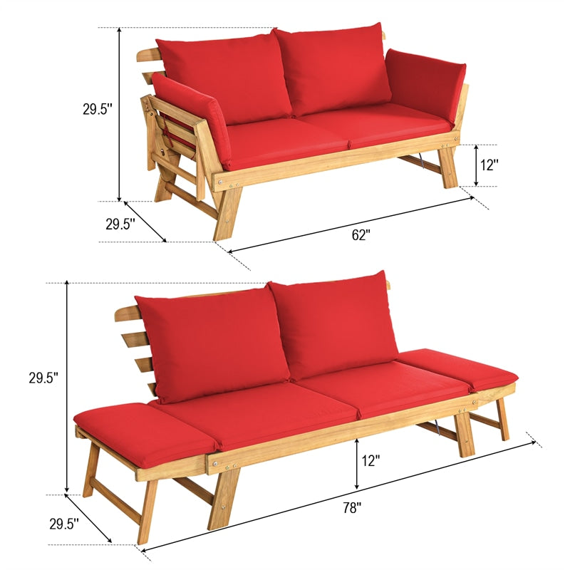 Outdoor Acacia Wood Daybed Convertible Sofa Bed Extendable Patio Couch with Adjustable Armrest & Cushion