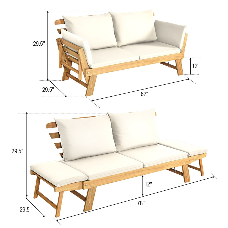 Outdoor Acacia Wood Daybed Convertible Sofa Bed Extendable Patio Couch with Adjustable Armrest & Cushion