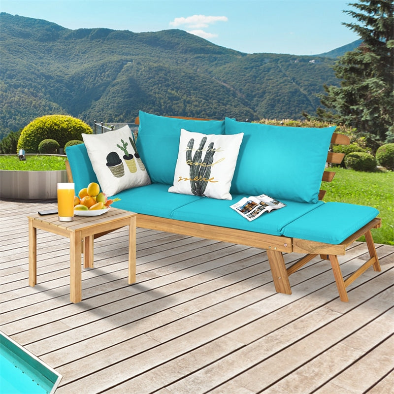 Outdoor Acacia Wood Daybed Convertible Sofa Bed Extendable Patio Couch with Adjustable Armrest & Cushion