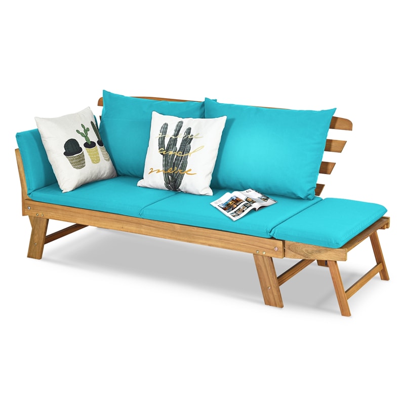 Outdoor Acacia Wood Daybed Convertible Sofa Bed Extendable Patio Couch with Adjustable Armrest & Cushion