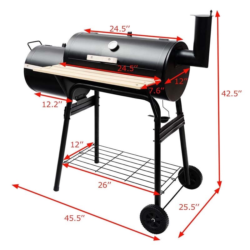 Outdoor BBQ Grill Charcoal Grill Backyard Offset Smoker Barbecue Pit Patio Cooker with 2 Rolling Wheels