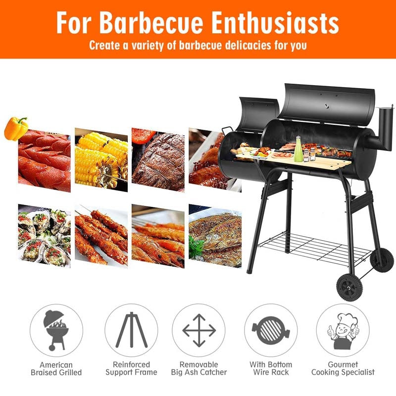 Outdoor BBQ Grill Charcoal Grill Backyard Offset Smoker Barbecue Pit Patio Cooker with 2 Rolling Wheels