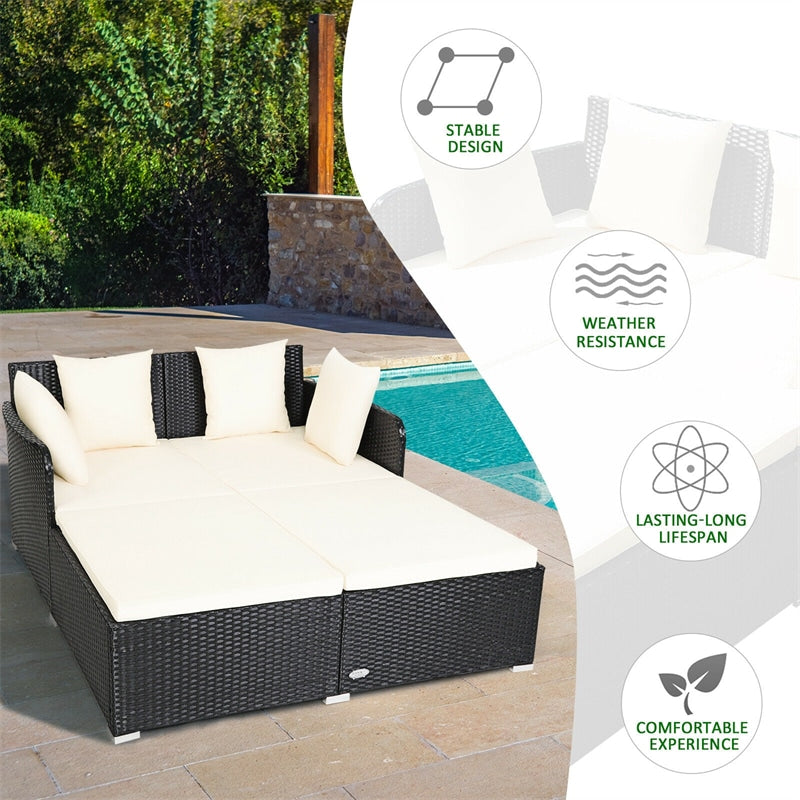 Wicker Outdoor Daybed Patio Rattan Double Chaise Lounge Sun Lounger with Seat Cushions & Pillows