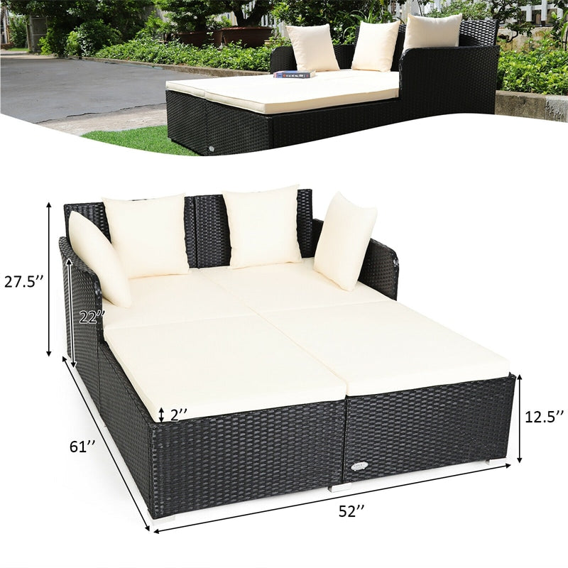 Wicker Outdoor Daybed Patio Rattan Double Chaise Lounge Sun Lounger with Seat Cushions & Pillows