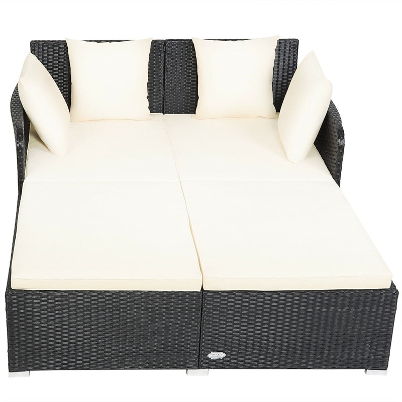 Wicker Outdoor Daybed Patio Rattan Double Chaise Lounge Sun Lounger with Seat Cushions & Pillows