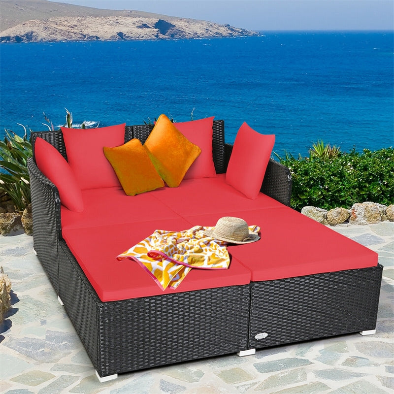 Wicker Outdoor Daybed Patio Rattan Double Chaise Lounge Sun Lounger with Seat Cushions & Pillows