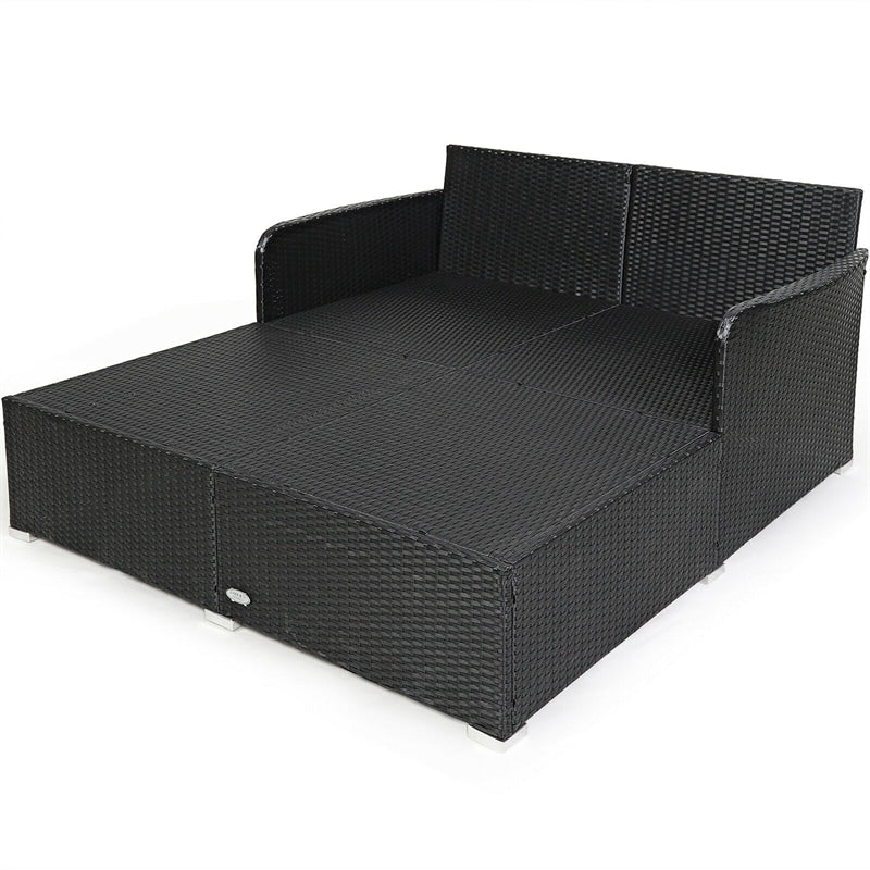 Wicker Outdoor Daybed Patio Rattan Double Chaise Lounge Sun Lounger with Seat Cushions & Pillows