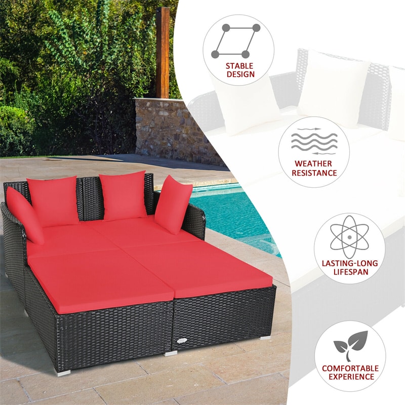 Wicker Outdoor Daybed Patio Rattan Double Chaise Lounge Sun Lounger with Seat Cushions & Pillows