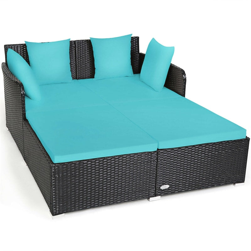 Wicker Outdoor Daybed Patio Rattan Double Chaise Lounge Sun Lounger with Seat Cushions & Pillows