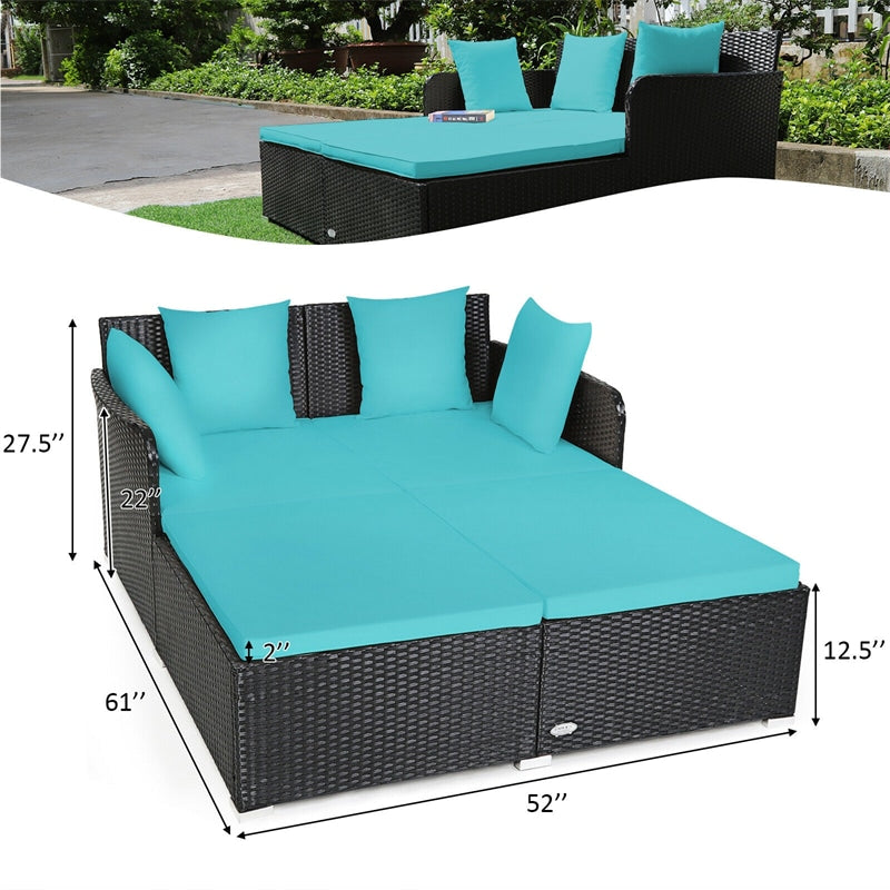 Wicker Outdoor Daybed Patio Rattan Double Chaise Lounge Sun Lounger with Seat Cushions & Pillows