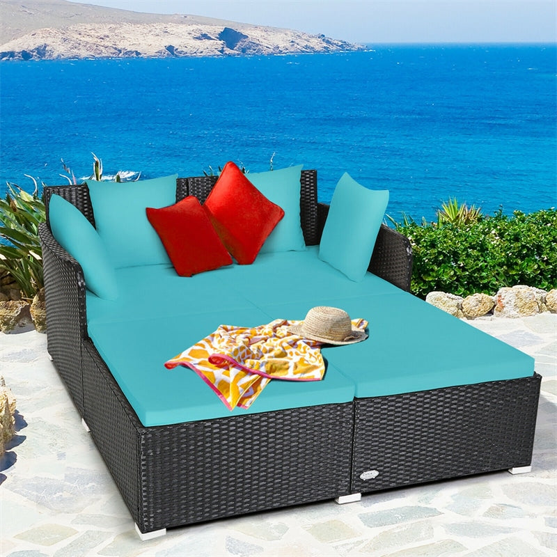 Wicker Outdoor Daybed Patio Rattan Double Chaise Lounge Sun Lounger with Seat Cushions & Pillows