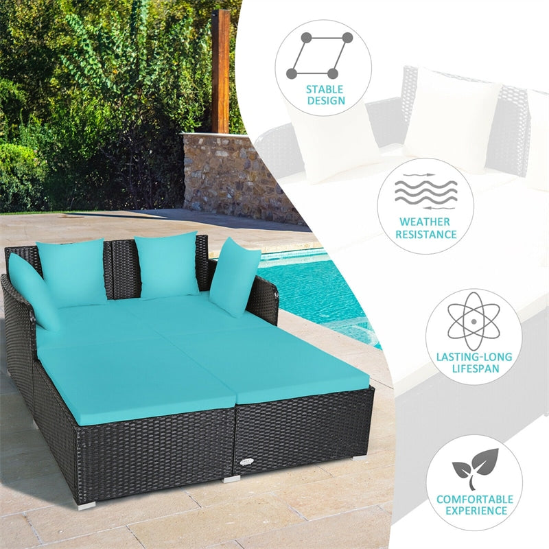 Wicker Outdoor Daybed Patio Rattan Double Chaise Lounge Sun Lounger with Seat Cushions & Pillows