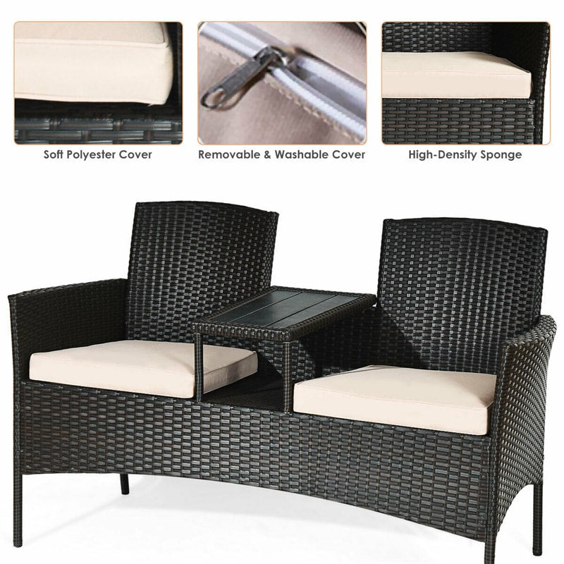 Patented Modern Wicker Patio Conversation Set Outdoor Rattan Loveseat with Built-in Coffee Table & Cushions