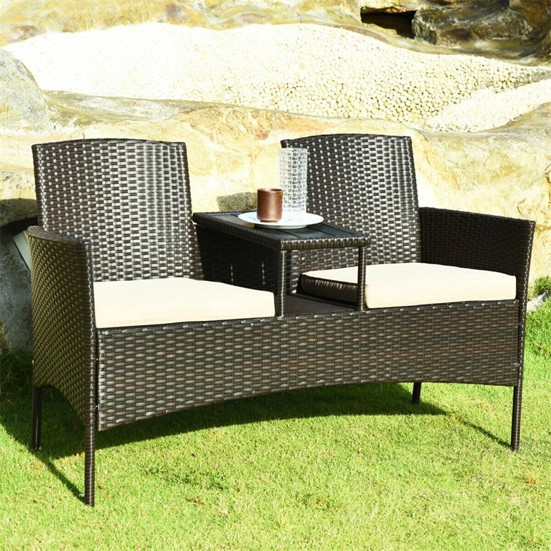 Patented Modern Wicker Patio Conversation Set Outdoor Rattan Loveseat with Built-in Coffee Table & Cushions