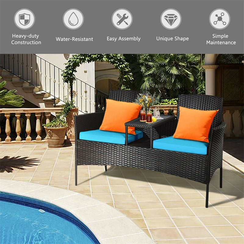 Patented Modern Wicker Patio Conversation Set Outdoor Rattan Loveseat with Built-in Coffee Table & Cushions