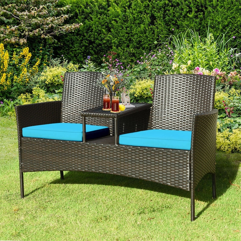 Patented Modern Wicker Patio Conversation Set Outdoor Rattan Loveseat with Built-in Coffee Table & Cushions