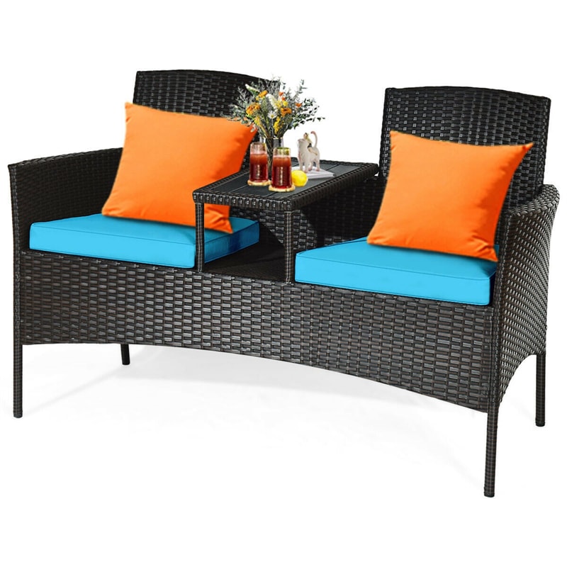 Patented Modern Wicker Patio Conversation Set Outdoor Rattan Loveseat with Built-in Coffee Table & Cushions