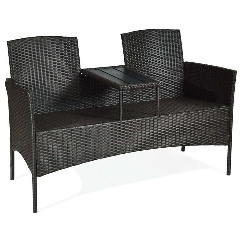 Patented Modern Wicker Patio Conversation Set Outdoor Rattan Loveseat with Built-in Coffee Table & Cushions