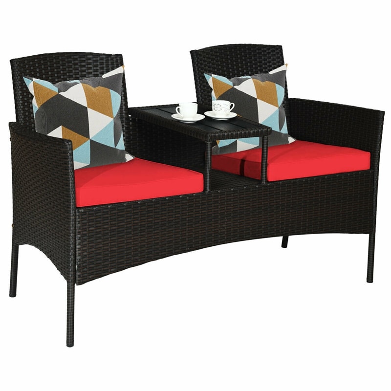 Patented Modern Wicker Patio Conversation Set Outdoor Rattan Loveseat with Built-in Coffee Table & Cushions