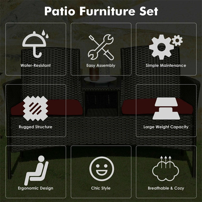 Patented Modern Wicker Patio Conversation Set Outdoor Rattan Loveseat with Built-in Coffee Table & Cushions