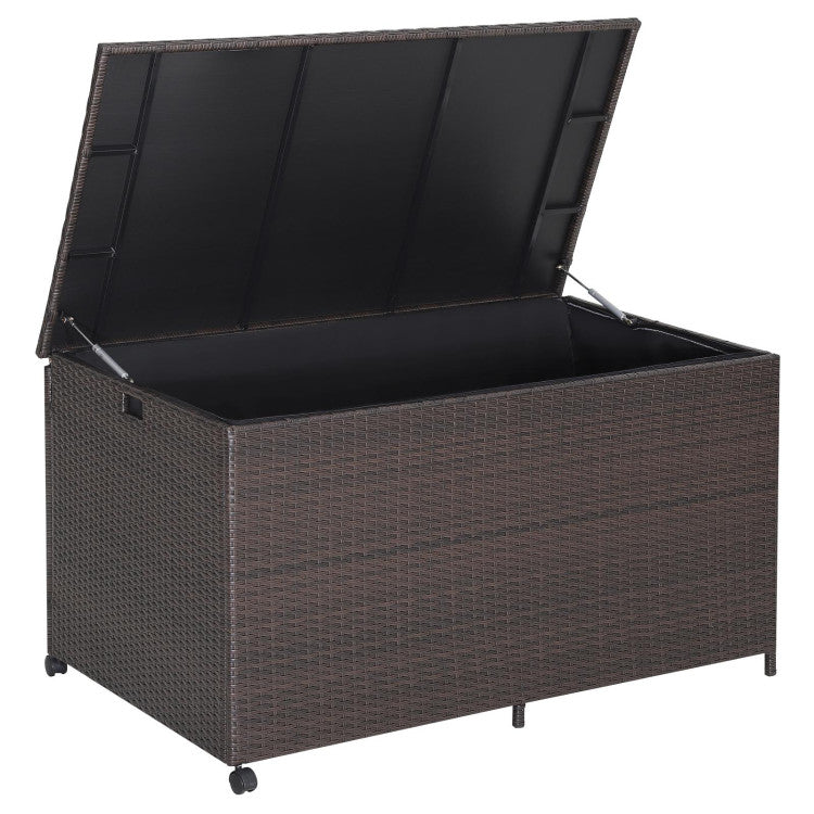 Outdoor Wicker Storage Box with Zippered Liner and Wheels for Patio