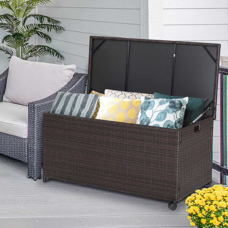 Outdoor Wicker Storage Box with Zippered Liner and Wheels for Patio