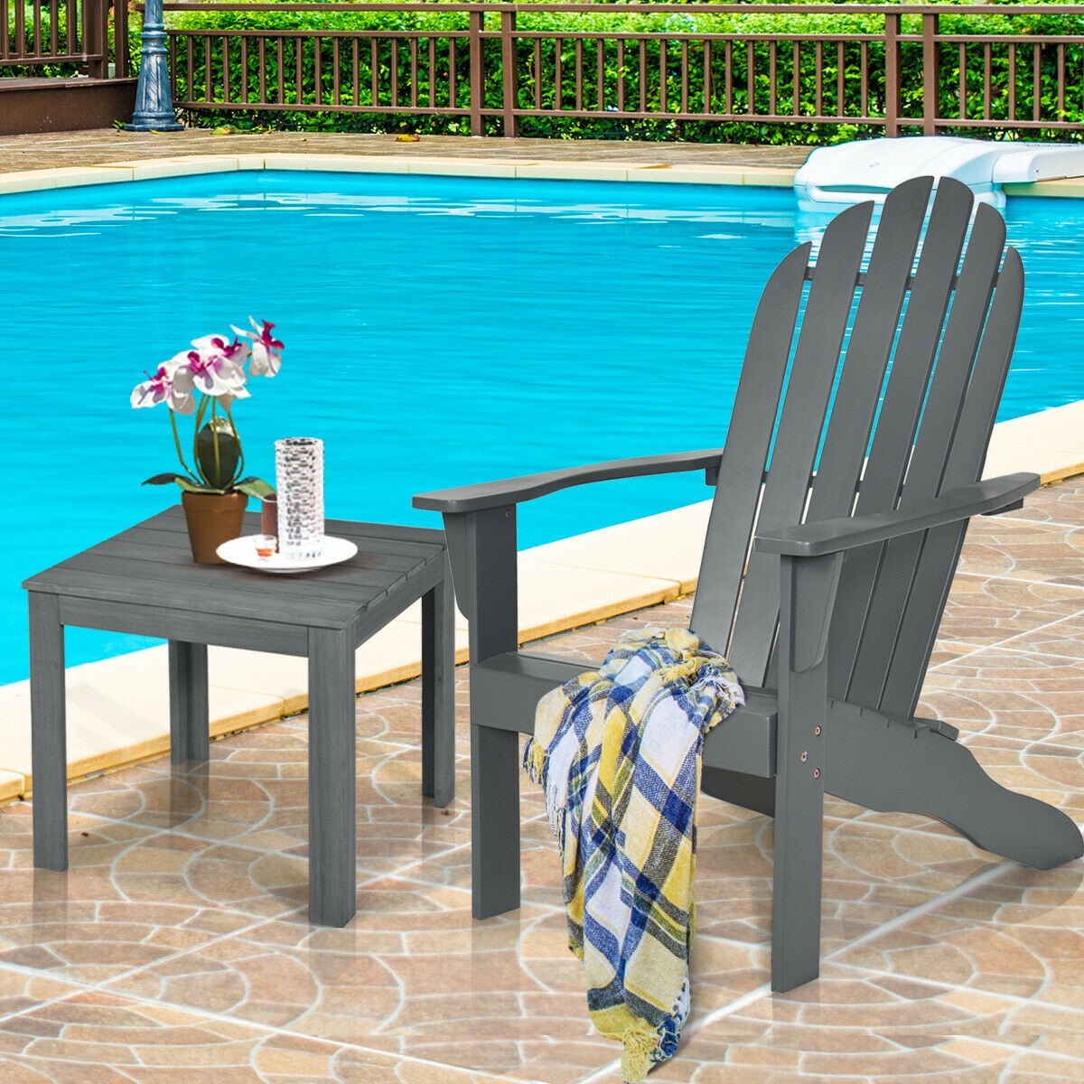 Outdoor Wooden Adirondack Chair Patio Garden Armchairs with Slatted Seat