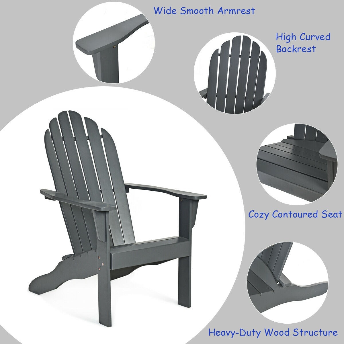 Outdoor Wooden Adirondack Chair Patio Garden Armchairs with Slatted Seat