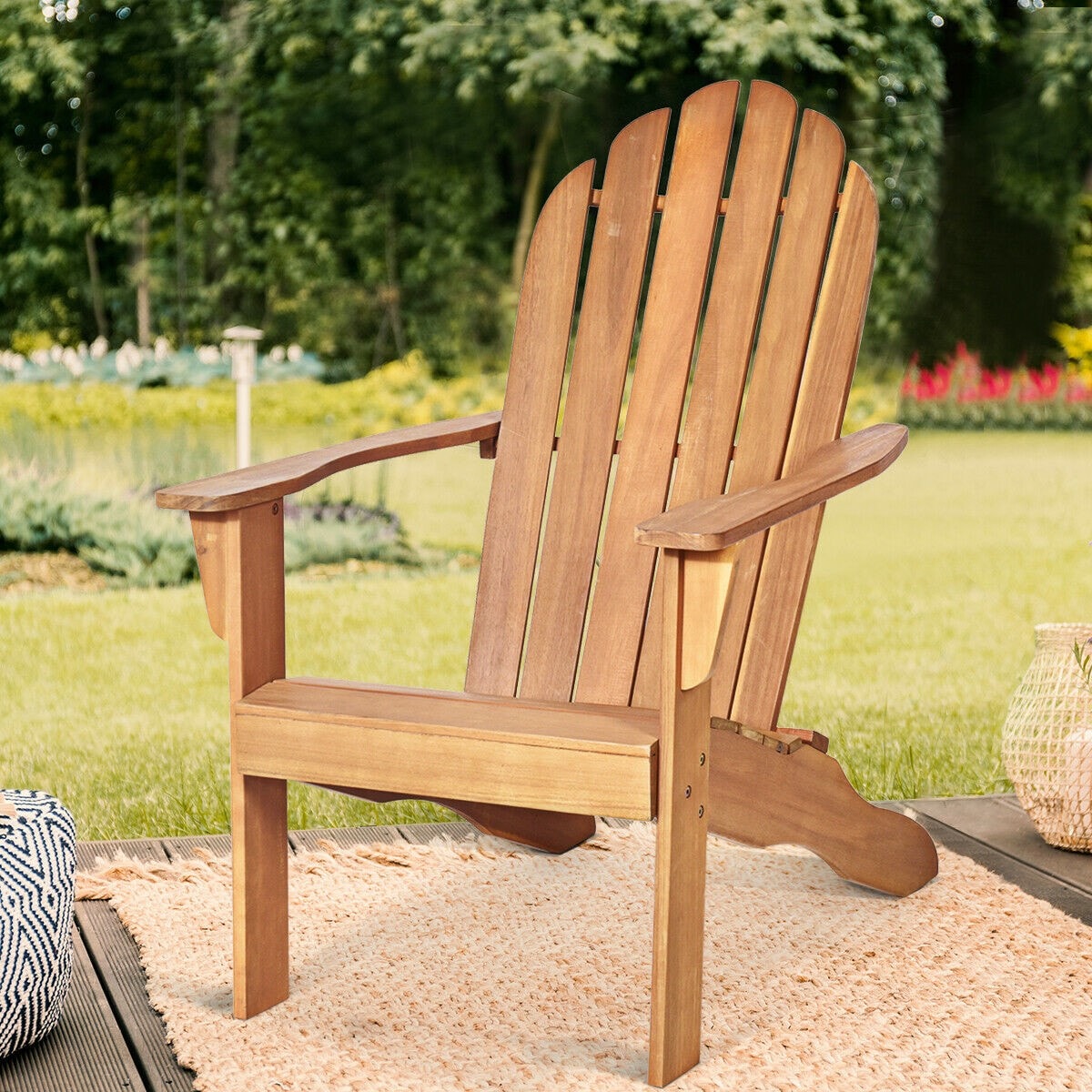 Outdoor Wooden Adirondack Chair Patio Garden Armchairs with Slatted Seat