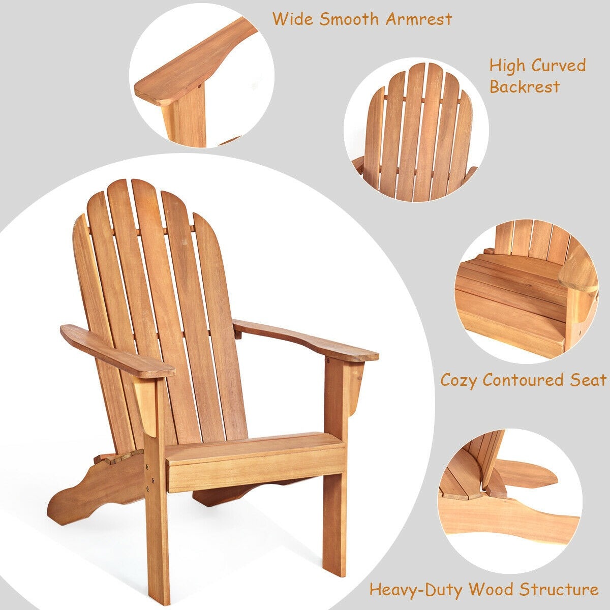 Outdoor Wooden Adirondack Chair Patio Garden Armchairs with Slatted Seat