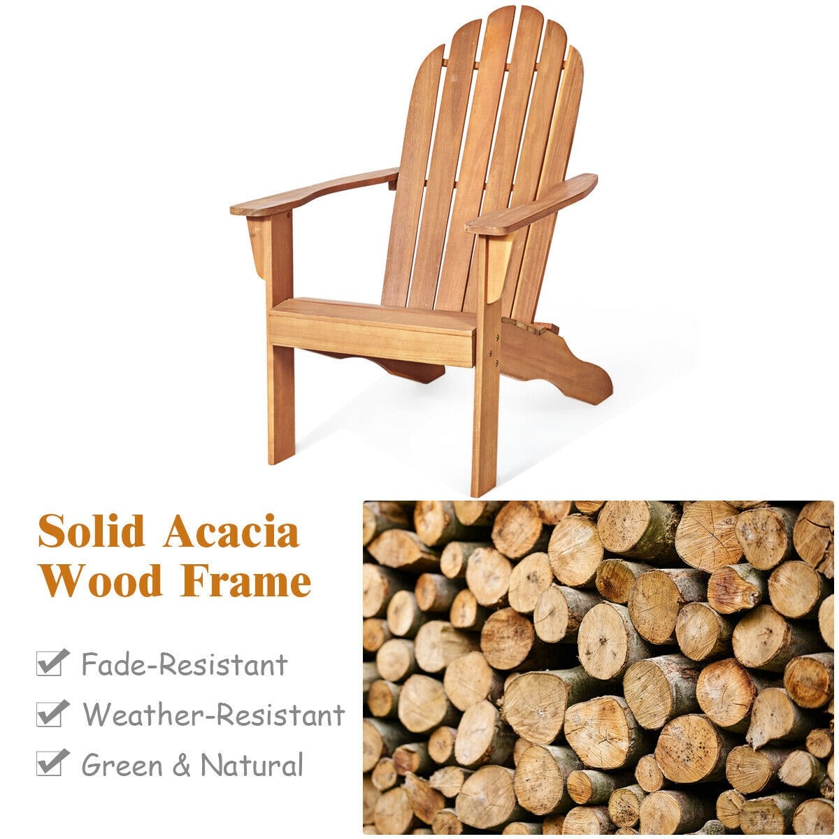 Outdoor Wooden Adirondack Chair Patio Garden Armchairs with Slatted Seat