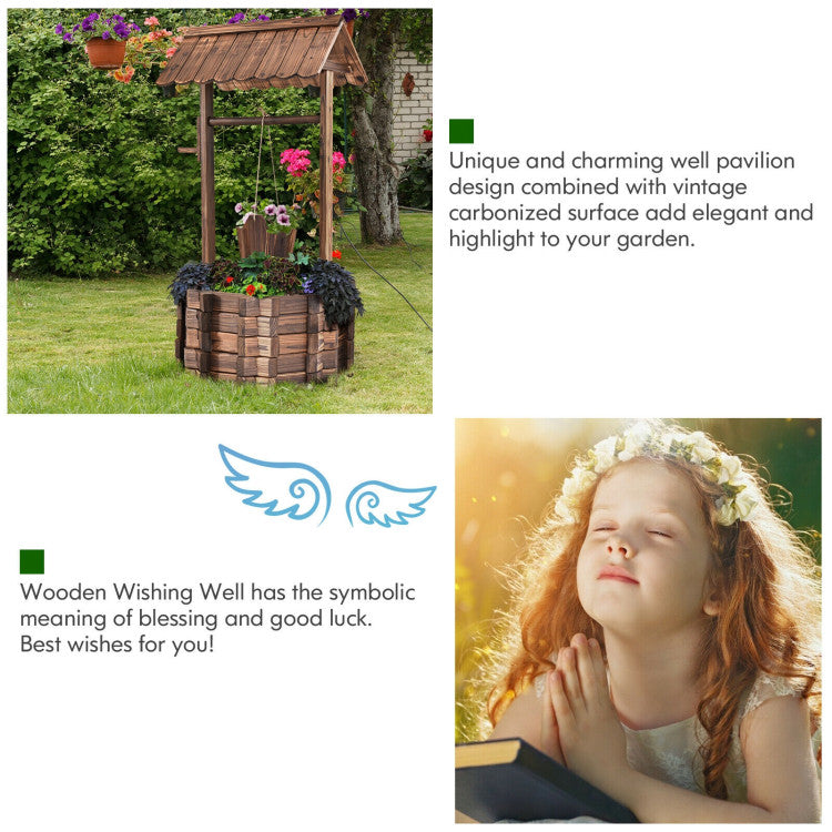 Outdoor Wooden Wishing Well Planter Bucket for Backyard and Garden