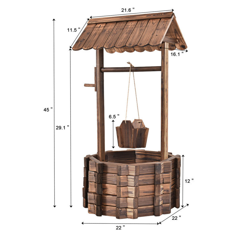 Outdoor Wooden Wishing Well Planter Bucket for Backyard and Garden