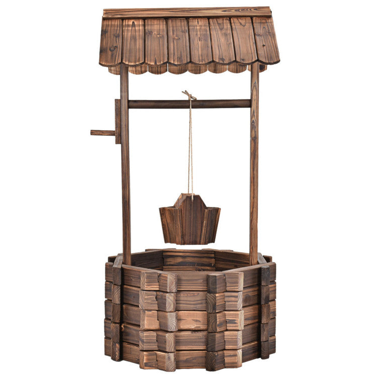 Outdoor Wooden Wishing Well Planter Bucket for Backyard and Garden