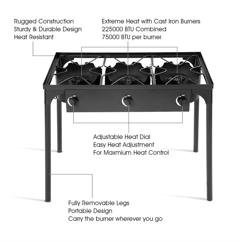 Camping Stove 3 Burner Propane Gas Cooker 225,000 BTU High Pressure Propane Burner with Detachable Legs & 20 PSI Regulator