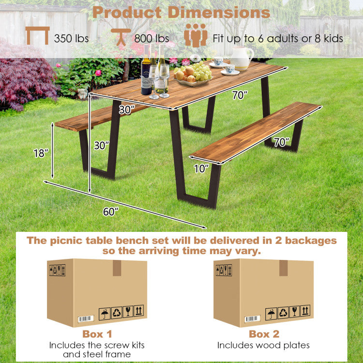 Patented 70 Inch Picnic Dining Table Set with Seats and Umbrella Hole for Outdoor Patio