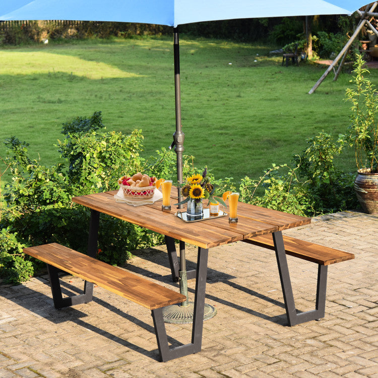 Patented 70 Inch Picnic Dining Table Set with Seats and Umbrella Hole for Outdoor Patio
