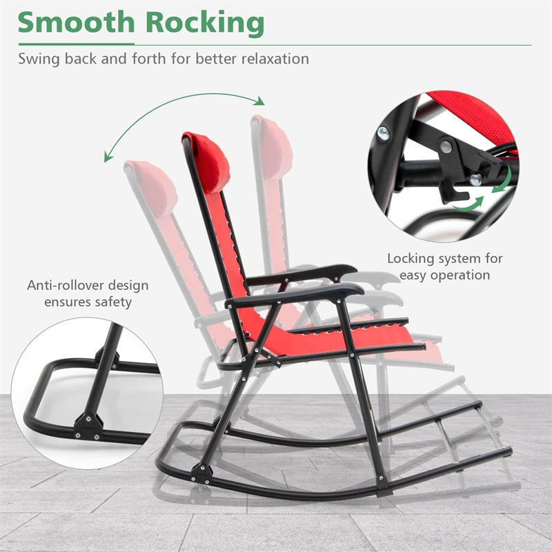 2 PCS Patio Camping Rocking Chairs Outdoor Folding Rockers with Pillow High Back Armrests Footrest