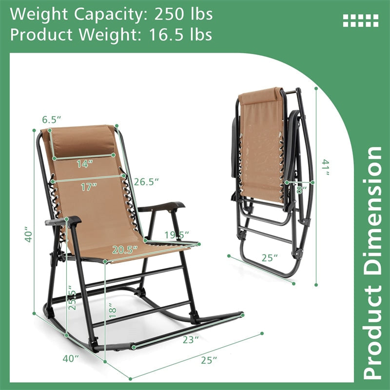 2 PCS Patio Camping Rocking Chairs Outdoor Folding Rockers with Pillow High Back Armrests Footrest